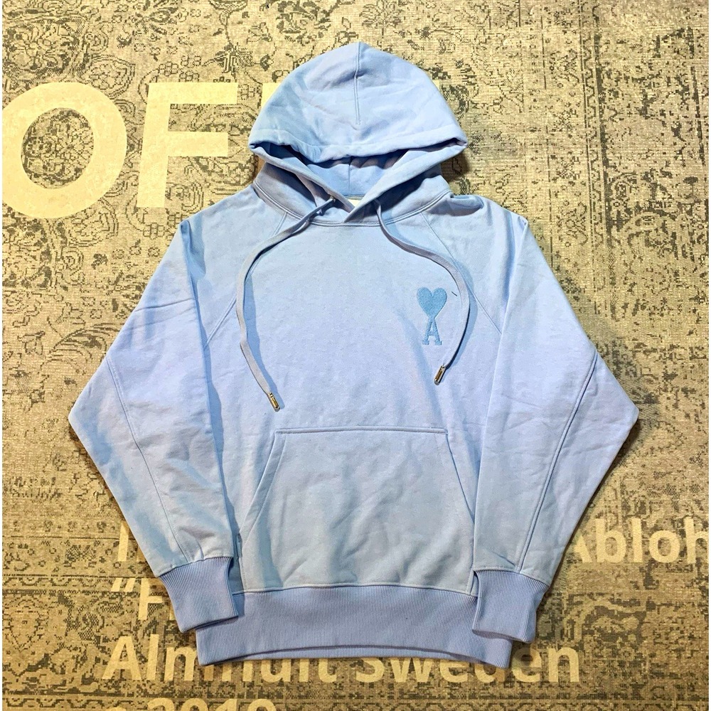 AMI Alexandre Mattiussi Heart Logo Pullover Hoodie Mens S Blue Cotton Fleece